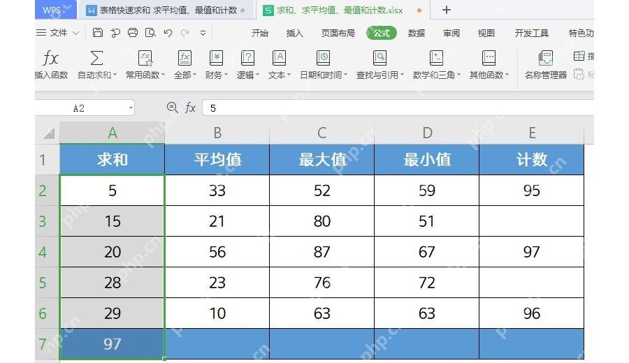WPS 表格使用 SUM 求和后在结果行显示总数的界面