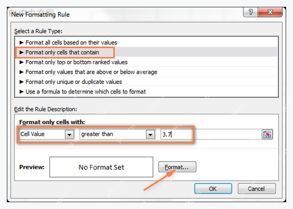 Excel 新建格式规则窗口中填写大于 3.7 的条件