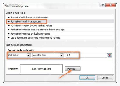 Excel 新建格式规则窗口中填写大于 3.7 的条件