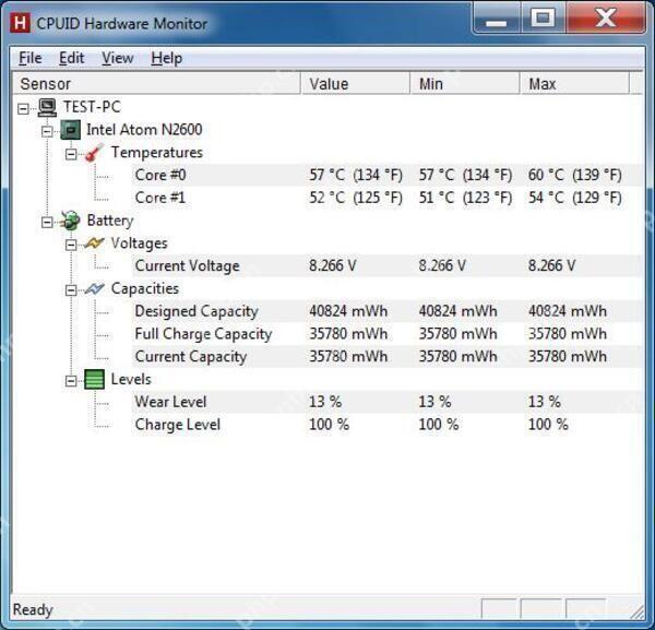 CPUID HWMonitor Battery 区域显示 Designed Capacity Full Charge Capacity Wear Level 和 Charge Level