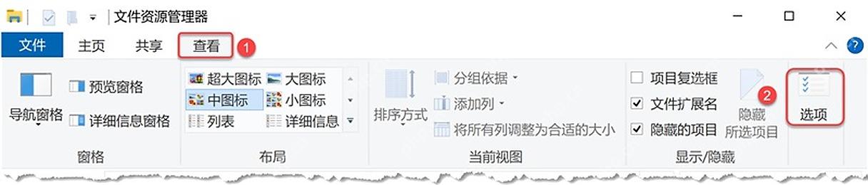 Win10 文件资源管理器查看选项卡显示项目复选框入口