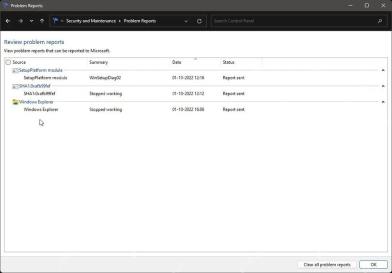 Windows 问题报告窗口列出可上报的应用错误记录