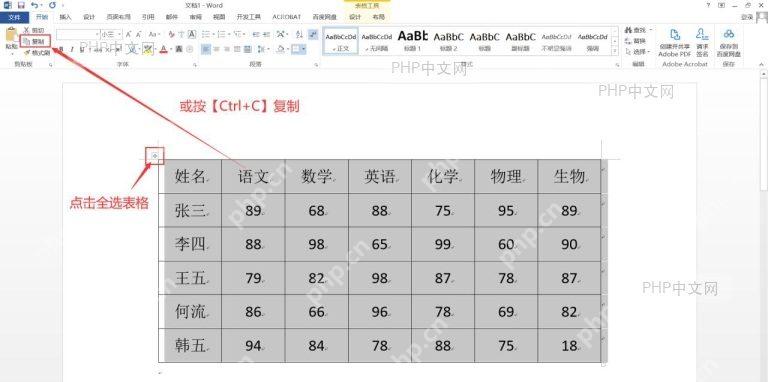 Word 文档中表格被选中的界面