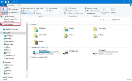 Win10 文件资源管理器 View 选项卡中 Navigation pane 菜单勾选 Show libraries