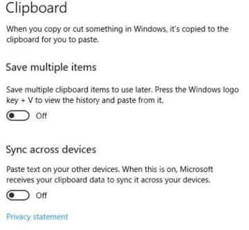 Windows10 Clipboard 设置页中 Save multiple items 和 Sync across devices 均为 Off