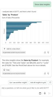 Excel Copilot 面板中输入 Show data insights 后生成销售额洞察图表