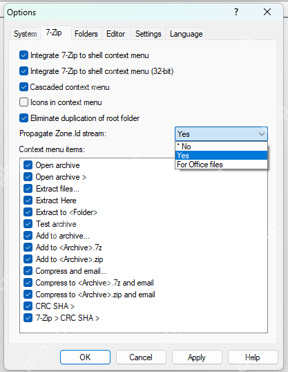 7-Zip 的 7-Zip 选项页已经显示 Shell 集成和常用右键菜单项,适合在这里把入口勾回来。
