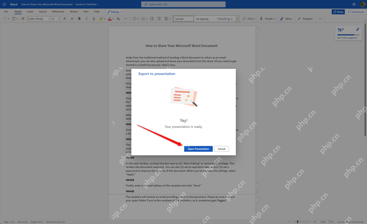 Word 网页版导出 PowerPoint 完成后点击 Open Presentation
