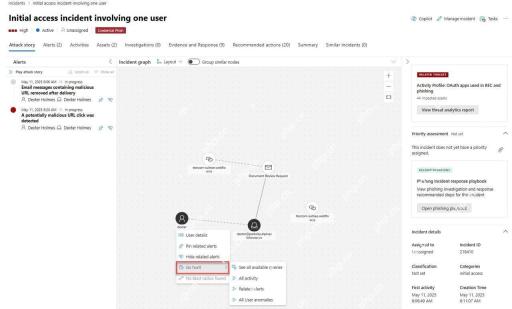 Microsoft Defender 事件详情中查看账号文件和可疑活动关系