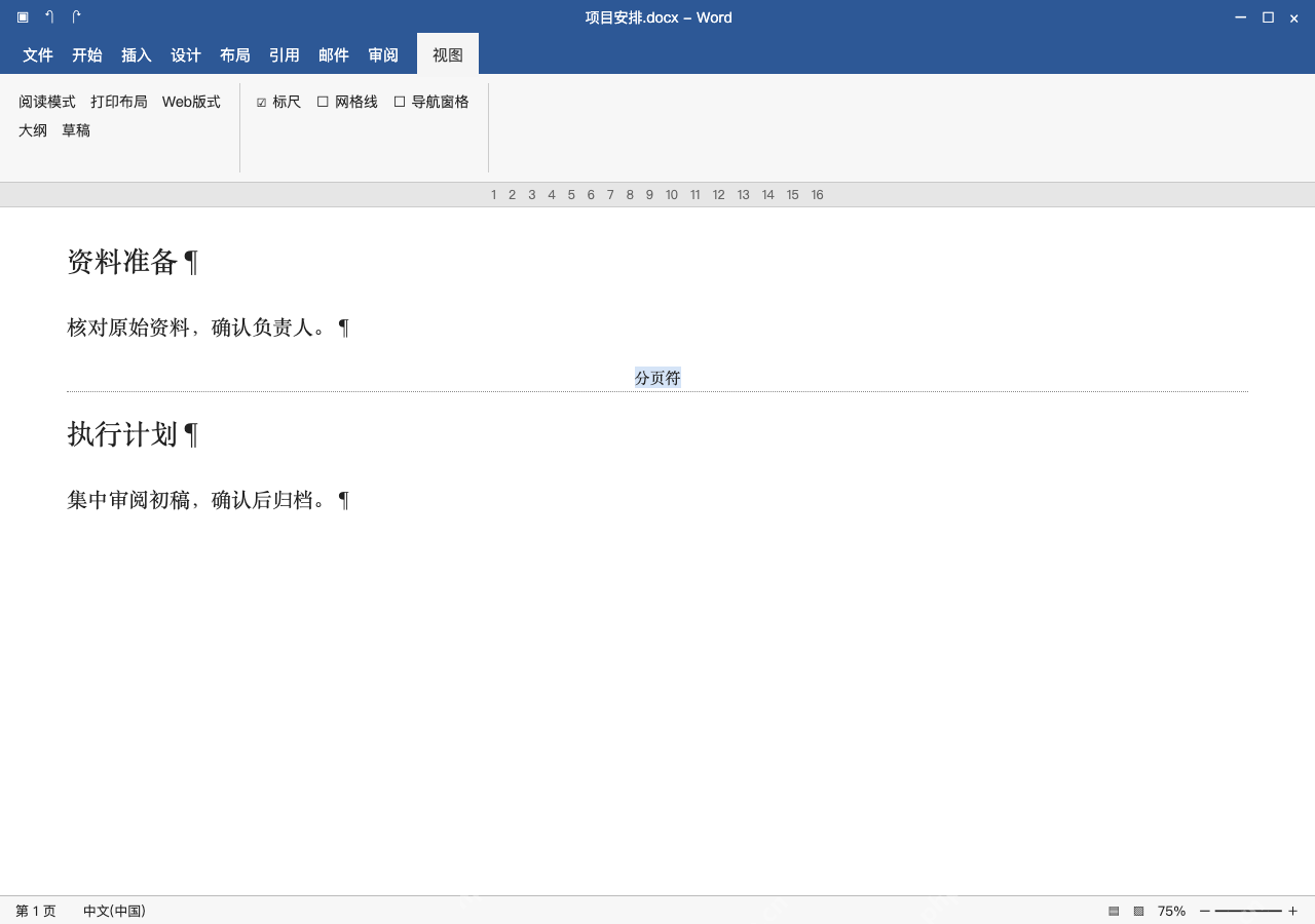模拟 Microsoft Word 简体中文桌面版完整界面:只选择分页符,按 Delete