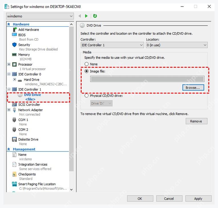 Hyper-V Settings 中 DVD Drive 挂载 ISO 镜像文件