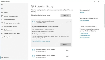 Windows Security 防护历史记录显示受保护文件夹访问被阻止