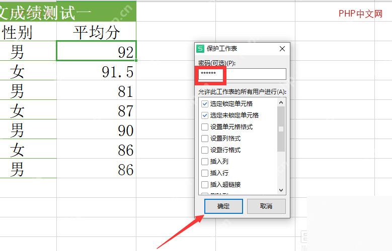 WPS 表格保护工作表窗口输入密码并选择允许操作权限