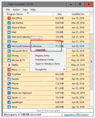 Geek Uninstaller Windows Store Apps 列表中应用右键 Uninstall 菜单