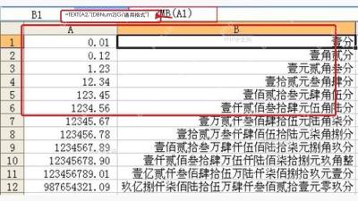 Excel 公式栏中输入 DBNum2 和 TEXT 转中文大写数字公式