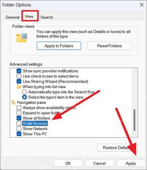 Win11 文件夹选项查看页找到显示库