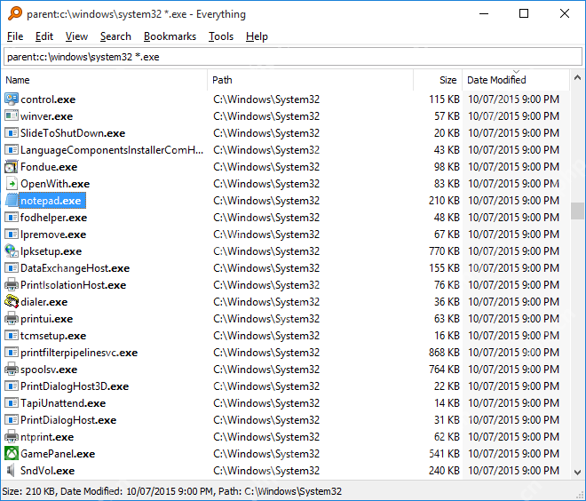 Windows Everything 主窗口显示完整结果列表、路径列和大小日期列,证明 Everything 更适合长期停留在搜索窗口里做全盘筛选。