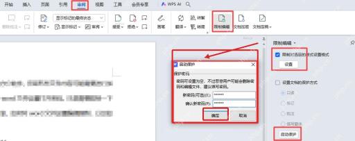 WPS文字启动保护窗口中输入并确认保护密码