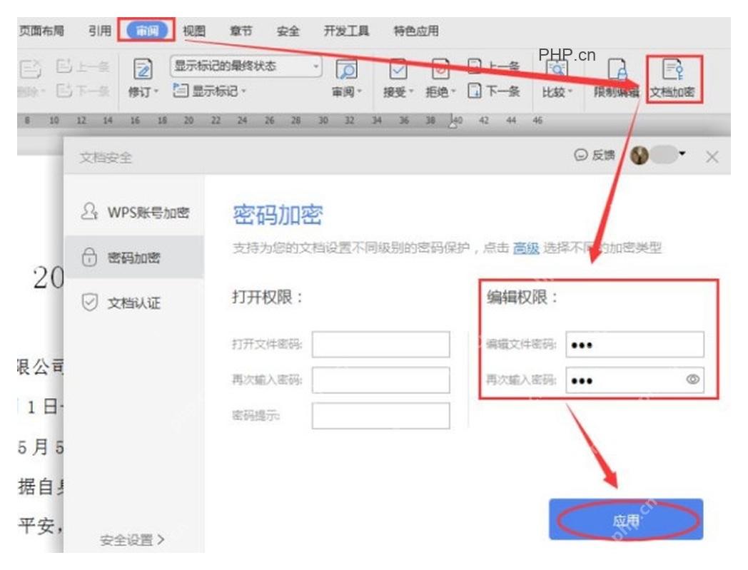 WPS 文档加密窗口中的编辑权限密码和应用按钮,用于保护插入电子章后的文档