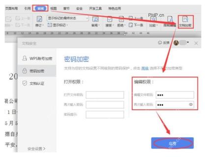 WPS 文档加密窗口中的编辑权限密码和应用按钮，用于保护插入电子章后的文档