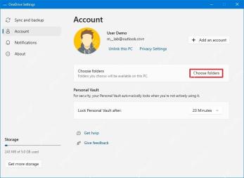 OneDrive Account页面的Choose folders按钮用于恢复本地未显示的同步文件夹