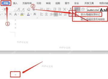 Word 开始选项卡中显示隐藏编辑标记按钮,用于查看文档里的段落回车符