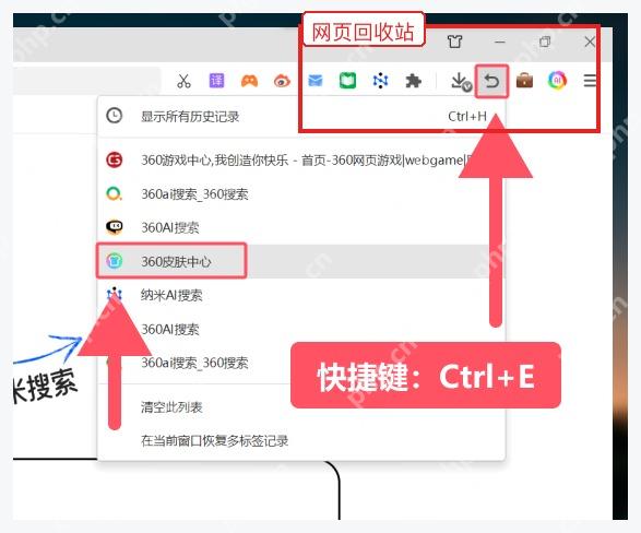360安全浏览器工具栏网页回收站恢复关闭标签入口