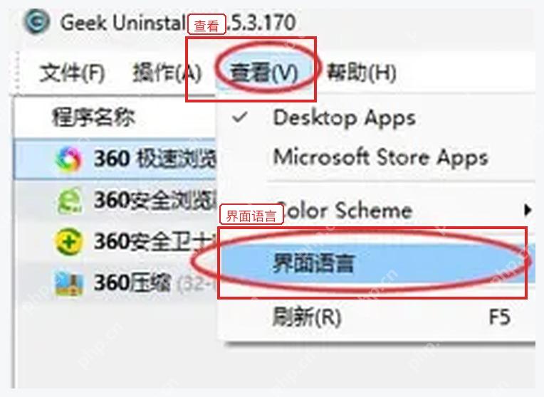 Geek Uninstaller 查看菜单中的界面语言入口