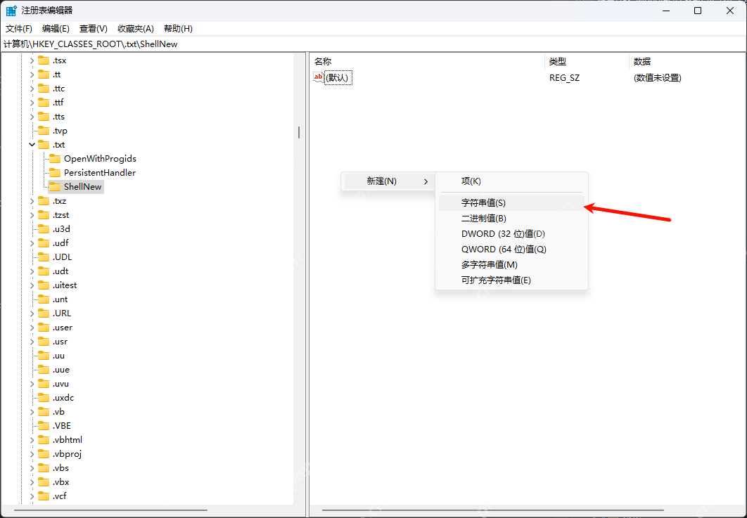 Windows 注册表编辑器 .txt\ShellNew 下新建字符串值