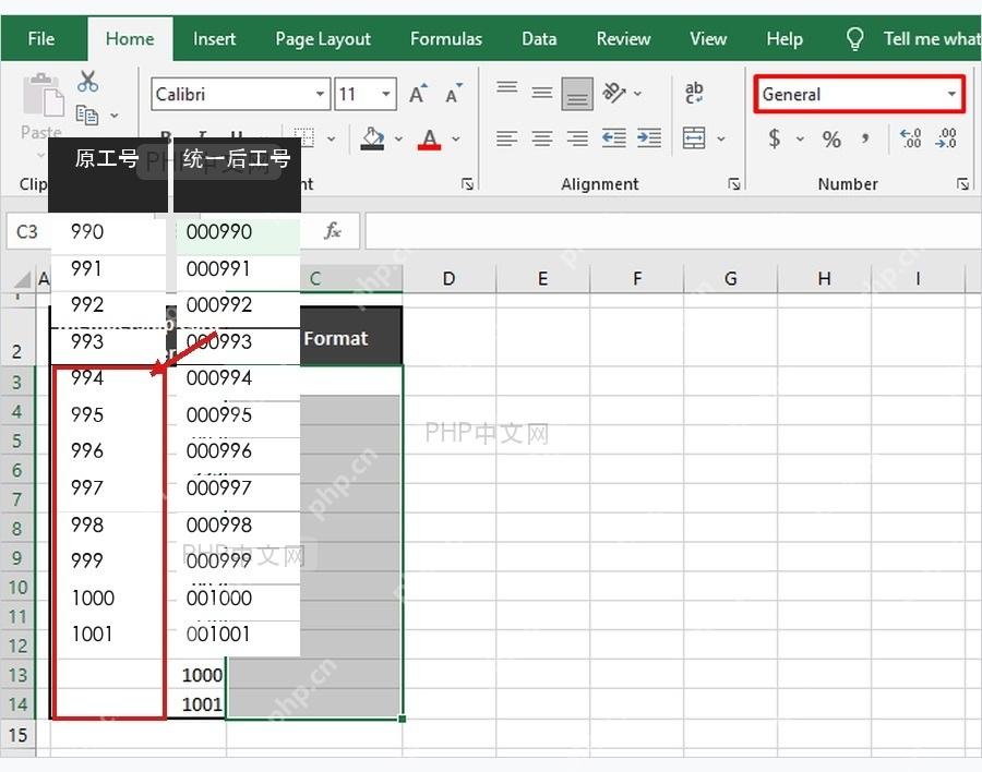 Excel 工作表中原工号列和统一后工号列的准备区域
