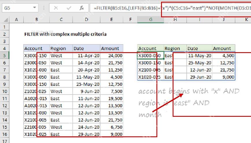 Excel FILTER 复杂条件查询示例中公式栏、数据区和排序返回区域被红框标出