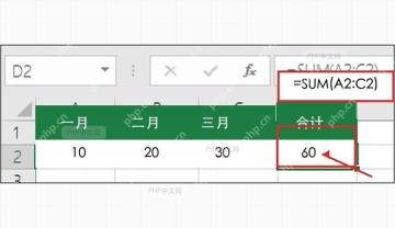 Excel 单元格和公式栏中手动输入等于 SUM 括号范围的公式用于指定范围求和