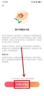 红果免费短剧 Android 协议勾选项与开启青少年模式按钮,对应阅读说明后启用