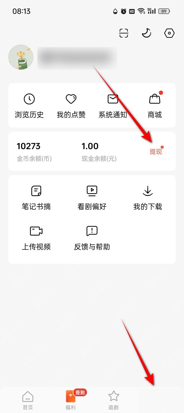 红果短剧我的页面现金余额和提现入口