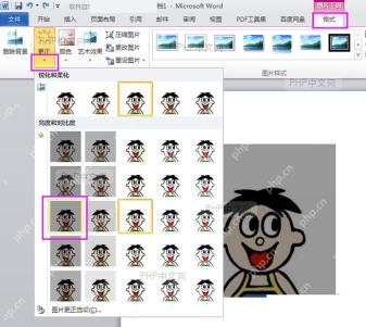 Word 图片工具格式中打开更正菜单并显示亮度和对比度预设