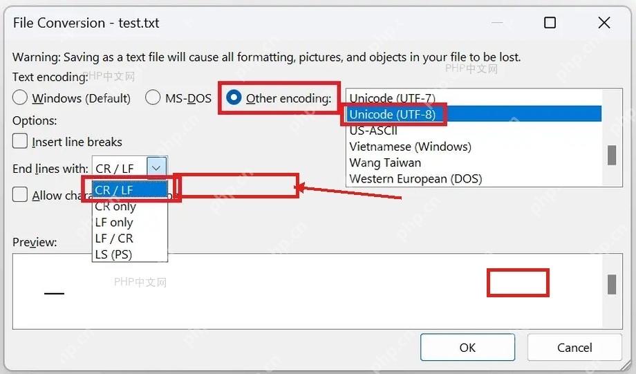 Microsoft Word 文件转换窗口中确认纯文本编码并点击确定