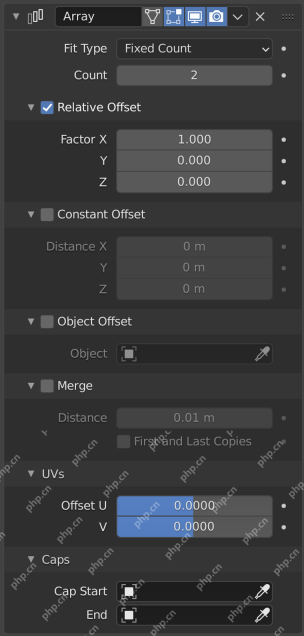 Blender Array 修改器面板显示 Fit Type、Count、Relative Offset 和 Constant Offset