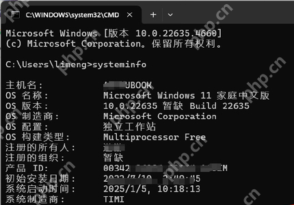 Windows 命令提示符执行 systeminfo 并显示初始安装日期