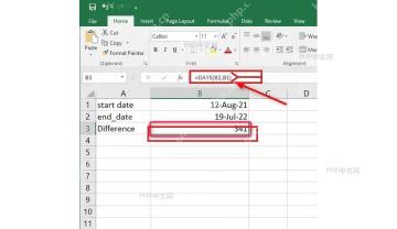 Excel 公式栏输入 DAYS 函数，工作表中结果单元格显示 341 天