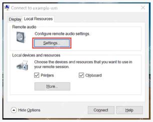Hyper-V VMConnect Local Resources 中 Remote audio 的 Settings 按钮