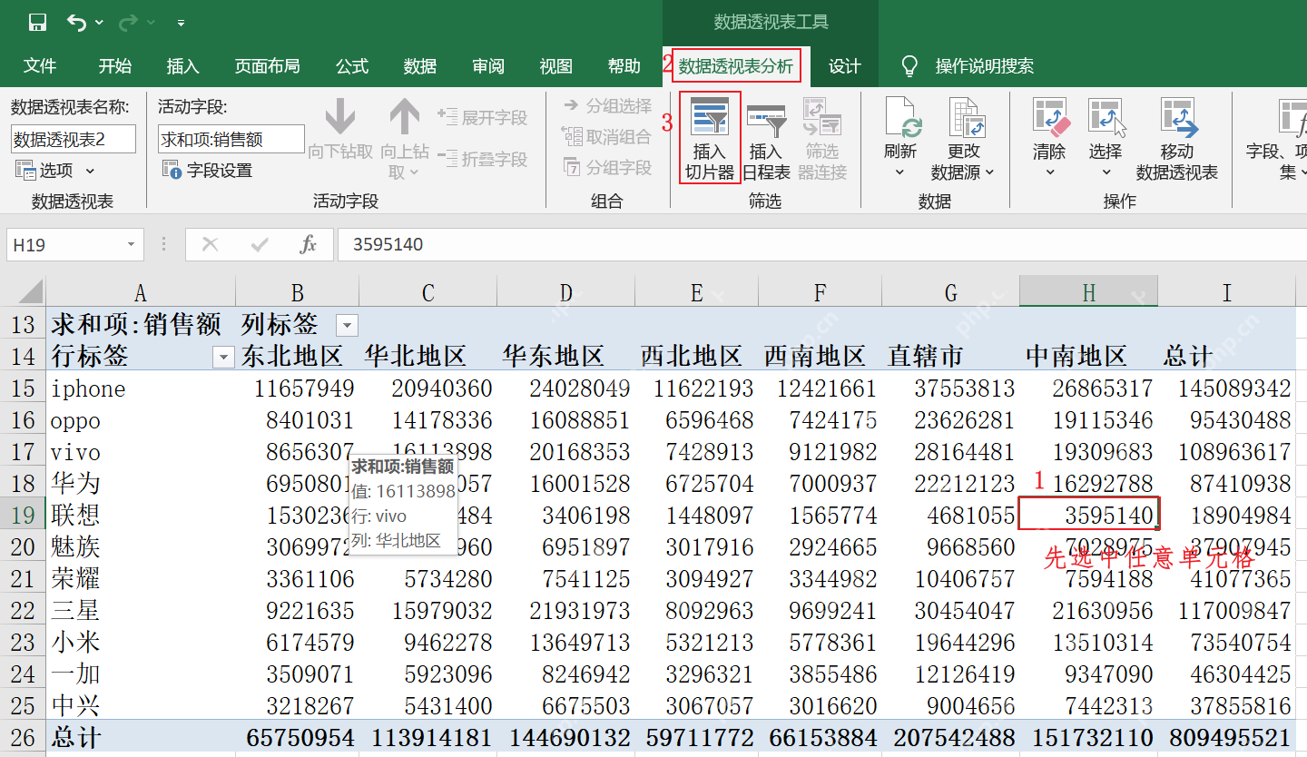 Excel数据透视表分析中插入切片器示意图