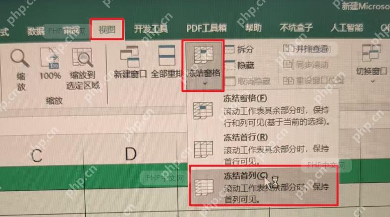 在冻结窗格菜单中选择冻结首行