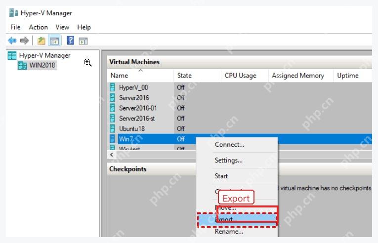 Hyper-V 管理器虚拟机右键菜单中的 Export 导出入口