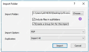 EndNote 21 导入 PDF 文件夹时勾选子文件夹并把 Import Option 设为 PDF
