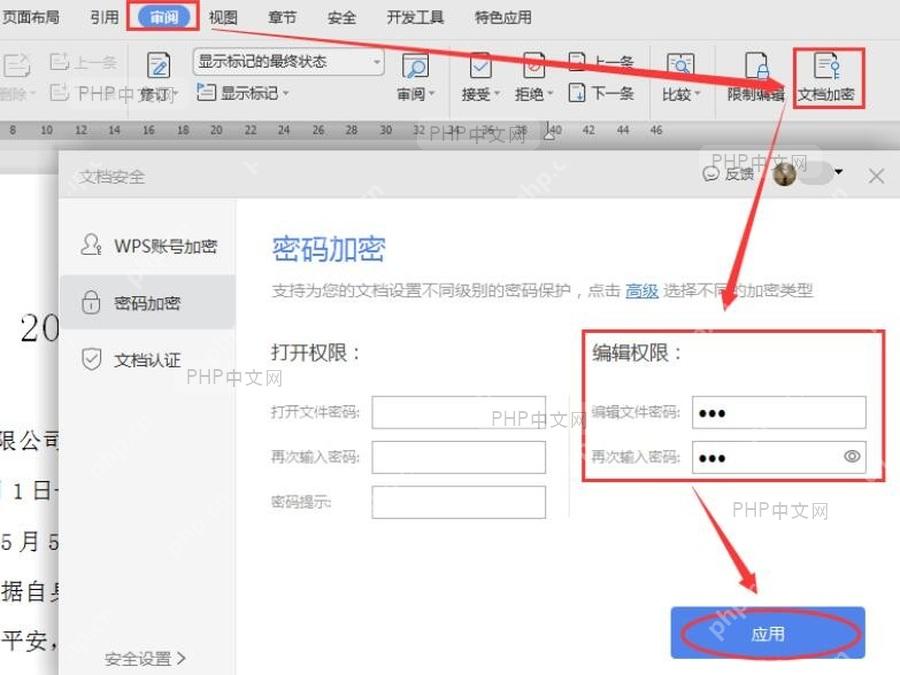 WPS 文档加密页面中编辑权限密码和应用按钮