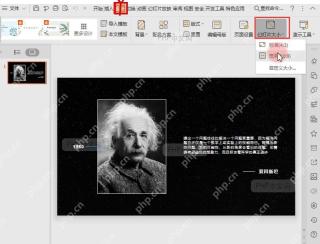 PowerPoint 功能区中设计选项卡被标出，用于进入幻灯片比例设置