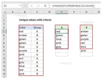 Excel 使用 UNIQUE FILTER 按条件返回不重复结果