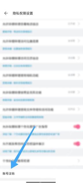 哔哩哔哩隐私权限设置页面,显示账号注销入口