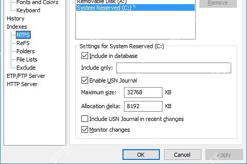 NTFS 下半页同时展示磁盘选择和监控变化开关,正对应实时刷新设置。 Everything NTFS 页面下半部分,磁盘列表、Include in database、Enable USN Journal 和 Monitor changes 可见。