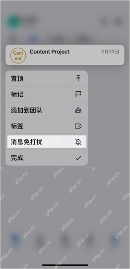 飞书手机端长按会话后的菜单显示消息免打扰选项,证明切换会话免打扰状态的入口